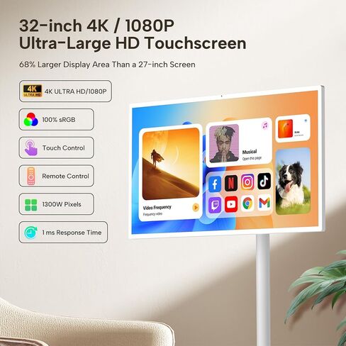 تلفزيون YAOKIREN 32 بوصة ذكي محمول، تلفزيون محمول 4K/1080P، نظام تشغيل أندرويد، 6 جيجابايت + 128 جيجابايت، بطارية مدمجة 15000 مللي أمبير، كاميرا 13 ميجابكسل لمكالمات الفيديو، حامل دوار، جهاز تحكم صوتي، شاشة ذكية لاسلكية in Kuwait