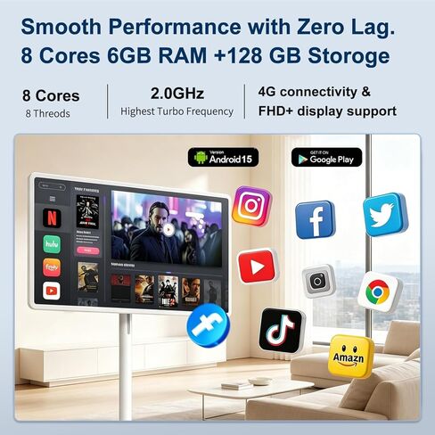 تلفزيون VLH 27 بوصة FHD يعمل باللمس، تلفزيون ذكي محمول على عجلات، 6G+128GB، بطارية 27000 مللي أمبير، نظام تشغيل Android 15، معتمد من EDLA، تلفزيون لوحي لاسلكي مع جهاز تحكم عن بعد صوتي، كاميرا مدمجة بدقة 13 ميجابكسل in Kuwait