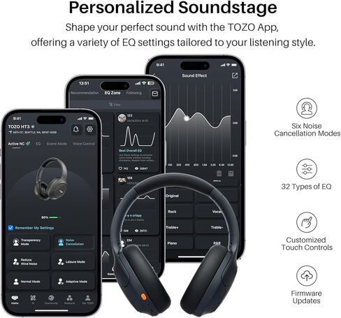 TOZO HT3 Hybrid Noise Cancelling Headphones, 90H Battery Life Wireless Over Ear Bluetooth 6.0 Foldable Headset, AI Voice Assistant with 5 Mics, Connect 2 Devices and Hi-Res Sound, 32 EQ Audio Presets in Saudi Arabia