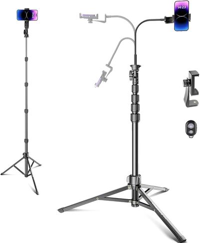 CAMBOFOTO 82" Phone Tripod Stand with Gooseneck, Remote and Phone Holder, Selfie Stick & Overhead Tripod for Recording/Cooking/Fitness/Vlog, Compatible with iPhone Android Samsung, Camera in Saudi Arabia