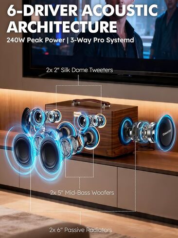 مكبر صوت بلوتوث محمول V8، نظام صوت خشبي قديم بقوة 240 وات مع 6 مكبرات صوت/مكبرات صوت، HDMI ARC للتلفزيون، USB DAC، وقت تشغيل 24 ساعة، صوت HiFi للمنزل والتخييم الخارجي in Kuwait