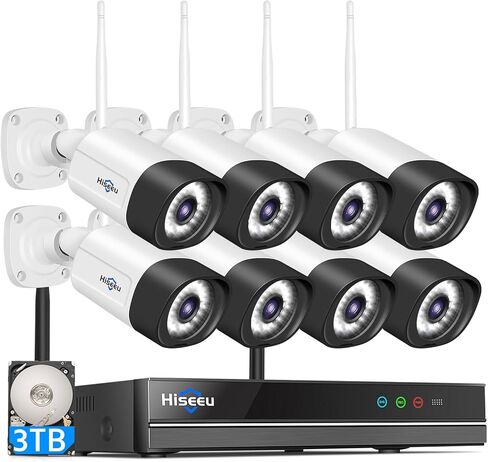 Hiseeu 5MP نظام كاميرا أمان WiFi خارجي، مجموعة كاميرات 16CH 8، صوت ثنائي الاتجاه، رؤية ليلية ملونة، مقاومة للماء IP66، تخزين 3 تيرابايت، بدون رسوم شهرية in Kuwait
