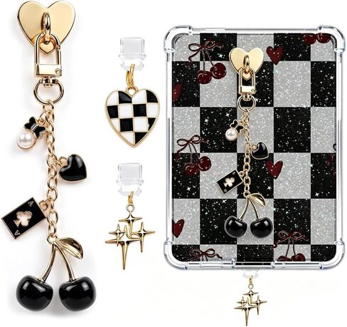 Rngmsi Charms Set Compatible with Kindle - 3 Pcs Cherry Poker Dust Plug Charm Keychain Strap Charm with Hook Decorating Accessories for E-Reader Type C, Bookworm Gifts for Women Reader Book Lovers in Saudi Arabia