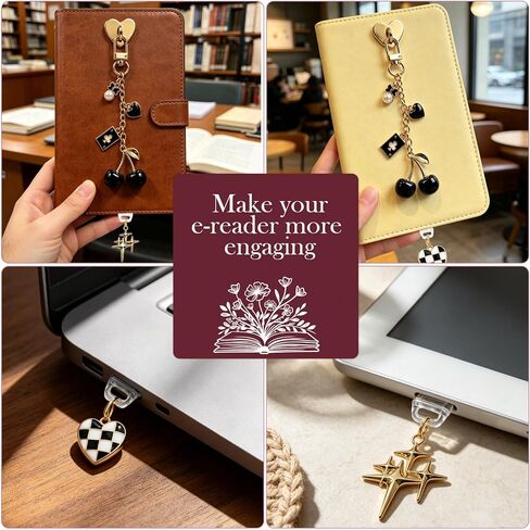 Rngmsi Charms Set Compatible with Kindle - 3 Pcs Cherry Poker Dust Plug Charm Keychain Strap Charm with Hook Decorating Accessories for E-Reader Type C, Bookworm Gifts for Women Reader Book Lovers in Saudi Arabia