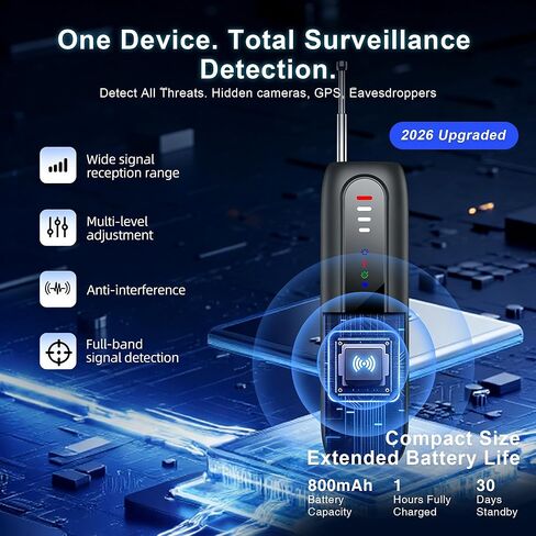 AOBOCAM كاشفات الكاميرا الخفية 2026 ترقية، كاشف مكافحة التجسس مع مستشعر مزدوج وشاشة LED، مكتشف تعقب GPS لإشارة RF، كاشف الأجهزة المخفية، حامي الخصوصية للفنادق، الحمام، المنزل، السيارة، المكتب in Kuwait