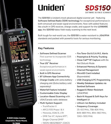 Uniden SDS150 الجديد، الماسح الضوئي الراديوي الرقمي الأكثر تقدمًا على الإطلاق، تقنية الراديو المعرفة بالبرمجيات (SDR)، أداء استثنائي في بيئات البث المتزامن وبيئات الإشارة الضعيفة، نظام تحديد المواقع العالمي (GPS) المدمج in Kuwait