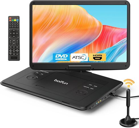 مشغل DVD محمول Boifun مع تلفزيون ATSC وراديو FM، شاشة دوارة عالية الدقة 15.6 بوصة، بطارية مدمجة قابلة لإعادة الشحن، مدخل HDMI لعصا التلفزيون، تشغيل بطاقة USB/TF، تشغيل أقراص DVD وأقراص VCD ومحولات السيارة والمنزل، أسود in Kuwait