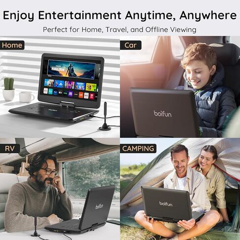 مشغل DVD محمول Boifun مع تلفزيون ATSC وراديو FM، شاشة دوارة عالية الدقة 15.6 بوصة، بطارية مدمجة قابلة لإعادة الشحن، مدخل HDMI لعصا التلفزيون، تشغيل بطاقة USB/TF، تشغيل أقراص DVD وأقراص VCD ومحولات السيارة والمنزل، أسود in Kuwait