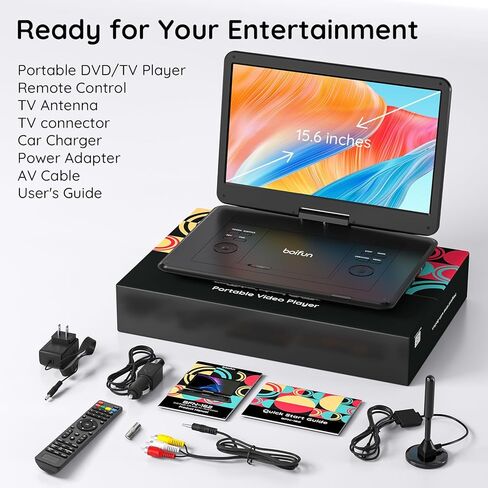 مشغل DVD محمول Boifun مع تلفزيون ATSC وراديو FM، شاشة دوارة عالية الدقة 15.6 بوصة، بطارية مدمجة قابلة لإعادة الشحن، مدخل HDMI لعصا التلفزيون، تشغيل بطاقة USB/TF، تشغيل أقراص DVD وأقراص VCD ومحولات السيارة والمنزل، أسود in Kuwait