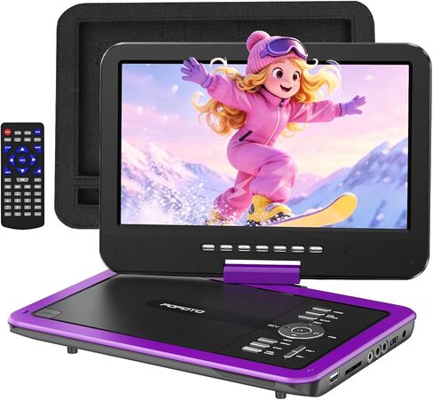 مشغل DVD محمول POFOTO مقاس 12.5 بوصة مع شاشة دوارة عالية الدقة مقاس 10.5 بوصة، عمر بطارية 6 ساعات، مشغل DVD للسيارة مع مكبرات صوت مزدوجة، يدعم بطاقة CD/DVD/USB/SD، بما في ذلك حامل مسند رأس السيارة - أرجواني in Kuwait