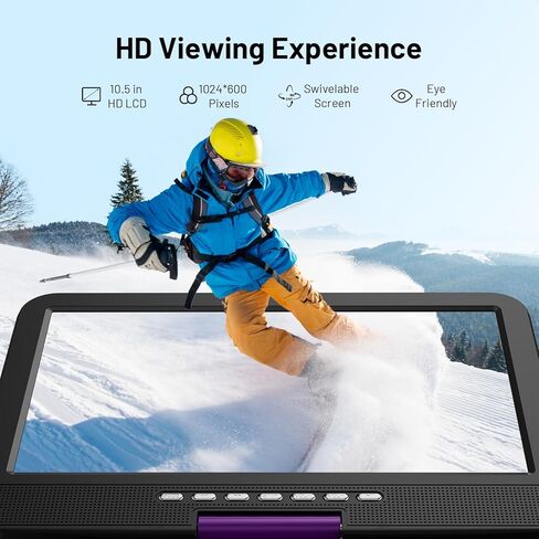مشغل DVD محمول POFOTO مقاس 12.5 بوصة مع شاشة دوارة عالية الدقة مقاس 10.5 بوصة، عمر بطارية 6 ساعات، مشغل DVD للسيارة مع مكبرات صوت مزدوجة، يدعم بطاقة CD/DVD/USB/SD، بما في ذلك حامل مسند رأس السيارة - أرجواني in Kuwait