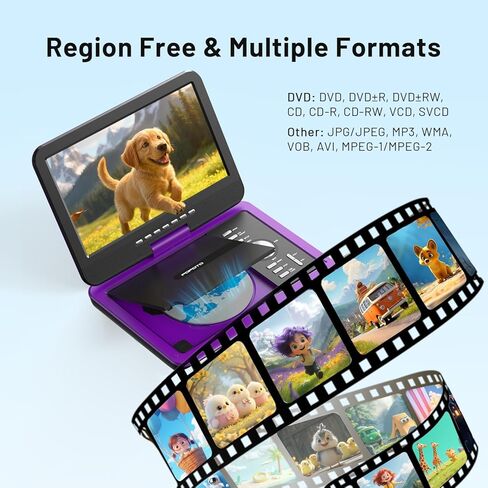 مشغل DVD محمول POFOTO مقاس 12.5 بوصة مع شاشة دوارة عالية الدقة مقاس 10.5 بوصة، عمر بطارية 6 ساعات، مشغل DVD للسيارة مع مكبرات صوت مزدوجة، يدعم بطاقة CD/DVD/USB/SD، بما في ذلك حامل مسند رأس السيارة - أرجواني in Kuwait