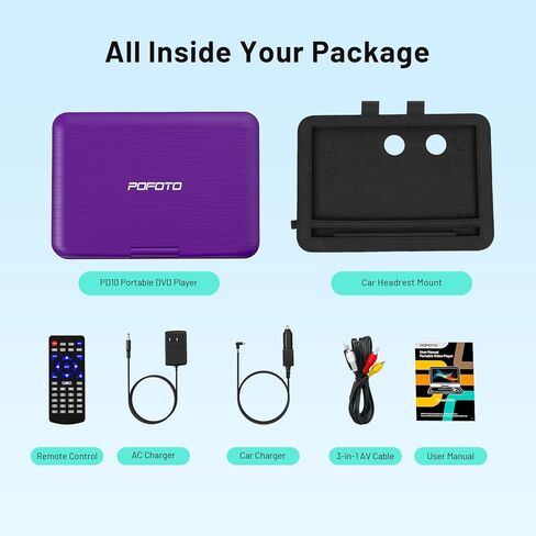 مشغل DVD محمول POFOTO مقاس 12.5 بوصة مع شاشة دوارة عالية الدقة مقاس 10.5 بوصة، عمر بطارية 6 ساعات، مشغل DVD للسيارة مع مكبرات صوت مزدوجة، يدعم بطاقة CD/DVD/USB/SD، بما في ذلك حامل مسند رأس السيارة - أرجواني in Kuwait