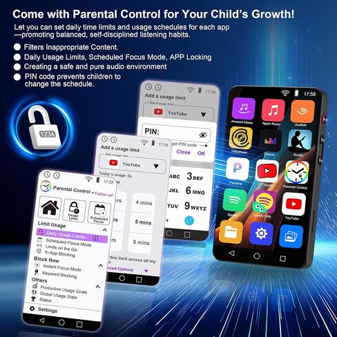 مشغل MP3 سعة 144 جيجابايت مع بلوتوث وواي فاي، مشغل موسيقى MP4 بشاشة لمس ملونة كاملة 4 بوصات مع مراقبة أبوية، سبوتيفي، باندورا، يوتيوب، مشغل موسيقى MP4 Android Mainstrem Media للأطفال حتى 1 تيرابايت، أسود in Kuwait