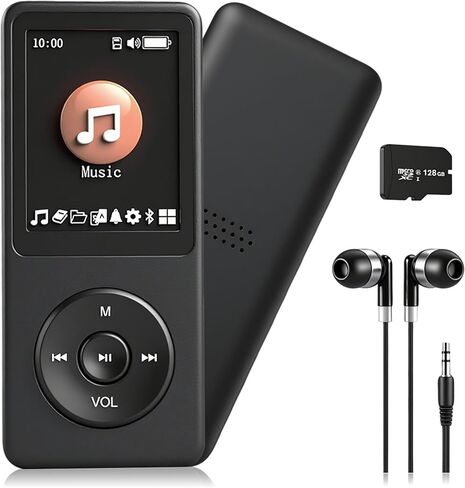 مشغل MP3 سعة 128 جيجابايت مع مشغل موسيقى بلوتوث 5.2 محمول متعدد الوظائف مع مكبر صوت عالي الدقة وراديو FM ومسجل صوت وغطاء معدني بتصميم نحيف للكتاب الإلكتروني (تشمل سماعات الأذن) in Kuwait