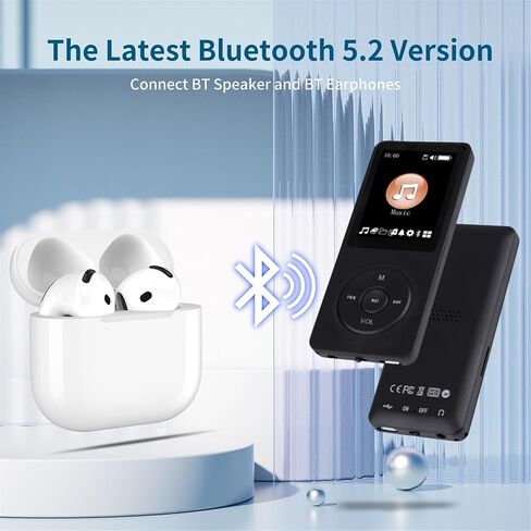 مشغل MP3 سعة 128 جيجابايت مع مشغل موسيقى بلوتوث 5.2 محمول متعدد الوظائف مع مكبر صوت عالي الدقة وراديو FM ومسجل صوت وغطاء معدني بتصميم نحيف للكتاب الإلكتروني (تشمل سماعات الأذن) in Kuwait