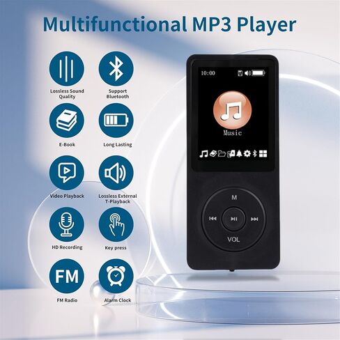 مشغل MP3 سعة 128 جيجابايت مع مشغل موسيقى بلوتوث 5.2 محمول متعدد الوظائف مع مكبر صوت عالي الدقة وراديو FM ومسجل صوت وغطاء معدني بتصميم نحيف للكتاب الإلكتروني (تشمل سماعات الأذن) in Kuwait