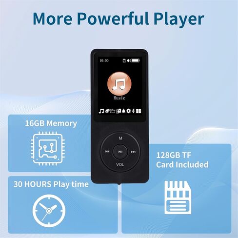 مشغل MP3 سعة 128 جيجابايت مع مشغل موسيقى بلوتوث 5.2 محمول متعدد الوظائف مع مكبر صوت عالي الدقة وراديو FM ومسجل صوت وغطاء معدني بتصميم نحيف للكتاب الإلكتروني (تشمل سماعات الأذن) in Kuwait