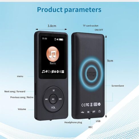 مشغل MP3 سعة 128 جيجابايت مع مشغل موسيقى بلوتوث 5.2 محمول متعدد الوظائف مع مكبر صوت عالي الدقة وراديو FM ومسجل صوت وغطاء معدني بتصميم نحيف للكتاب الإلكتروني (تشمل سماعات الأذن) in Kuwait