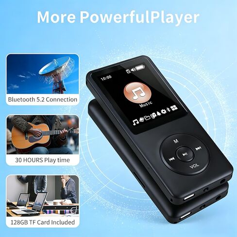 مشغل MP3 بسعة 128 جيجابايت مع بلوتوث - مشغل موسيقى محمول للأطفال - مع مكبر صوت عالي الدقة ومسجل صوت وصوت هاي فاي وكتاب إلكتروني (سماعات متضمنة) in Kuwait