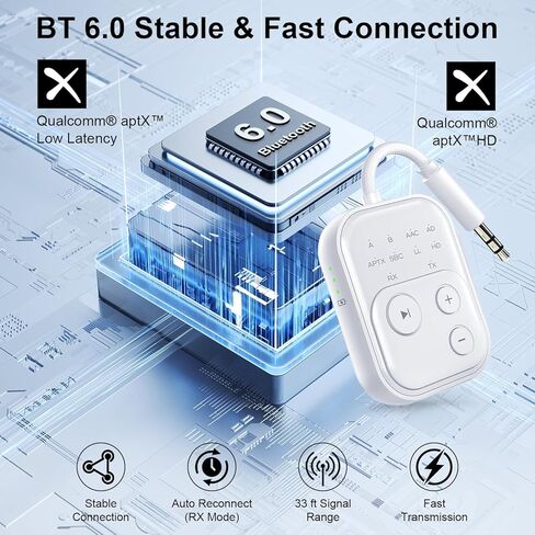 2026 Pro Bluetooth 6.0 جهاز إرسال واستقبال للطائرة/التلفزيون/صالة الألعاب الرياضية، [aptX HD Lossless Audio] محول مقبس لاسلكي 3.5 مم لسماعات الرأس، وقت تشغيل 24 ساعة، مزامنة تلقائية منخفضة الكمون، عالمي لستيريو السيارة/المنزل in Kuwait