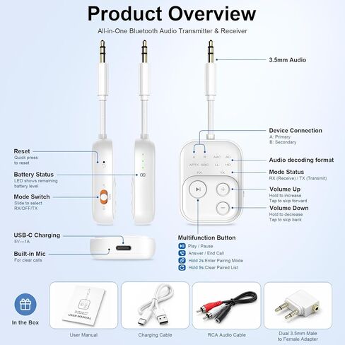 2026 Pro Bluetooth 6.0 جهاز إرسال واستقبال للطائرة/التلفزيون/صالة الألعاب الرياضية، [aptX HD Lossless Audio] محول مقبس لاسلكي 3.5 مم لسماعات الرأس، وقت تشغيل 24 ساعة، مزامنة تلقائية منخفضة الكمون، عالمي لستيريو السيارة/المنزل in Kuwait