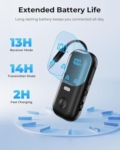 مستقبل إرسال بلوتوث 5.4 aptX متكيف مع 2 AirPods/سماعات الرأس، محول صوت بلوتوث 2 في 1 مع ميكروفون وشاشة LED للتلفزيون، السفر بالطائرة، محول AUX لاسلكي 3.5 مم لستريو السيارة/المنزل in Kuwait