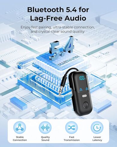 مستقبل إرسال بلوتوث 5.4 aptX متكيف مع 2 AirPods/سماعات الرأس، محول صوت بلوتوث 2 في 1 مع ميكروفون وشاشة LED للتلفزيون، السفر بالطائرة، محول AUX لاسلكي 3.5 مم لستريو السيارة/المنزل in Kuwait