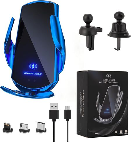 Wireless Car Charger Mount Automotive Electric Induction 15W Wireless Charger Car Auto Clamping Car Phone Holder Mount Wireless Charging Mount Vent Phone Holde Compatible with Android (Blue) in Saudi Arabia