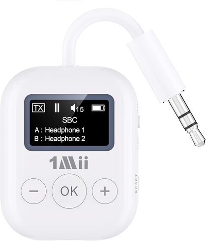 جهاز إرسال 1Mii Bluetooth 5.3 مع شاشة للتلفزيون إلى 2 سماعات رأس، صوت aptX AD/LL/HD Hi-Fi، وقت تشغيل 25 ساعة، محول بلوتوث AUX 3.5 مم للتلفزيون، الكمبيوتر الشخصي، مشغل الأقراص المضغوطة، MP3، صالة الألعاب الرياضية، جهاز العرض - جهاز الإرسال فقط in Kuwait
