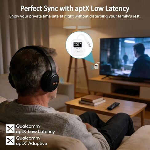 جهاز إرسال 1Mii Bluetooth 5.3 مع شاشة للتلفزيون إلى 2 سماعات رأس، صوت aptX AD/LL/HD Hi-Fi، وقت تشغيل 25 ساعة، محول بلوتوث AUX 3.5 مم للتلفزيون، الكمبيوتر الشخصي، مشغل الأقراص المضغوطة، MP3، صالة الألعاب الرياضية، جهاز العرض - جهاز الإرسال فقط in Kuwait