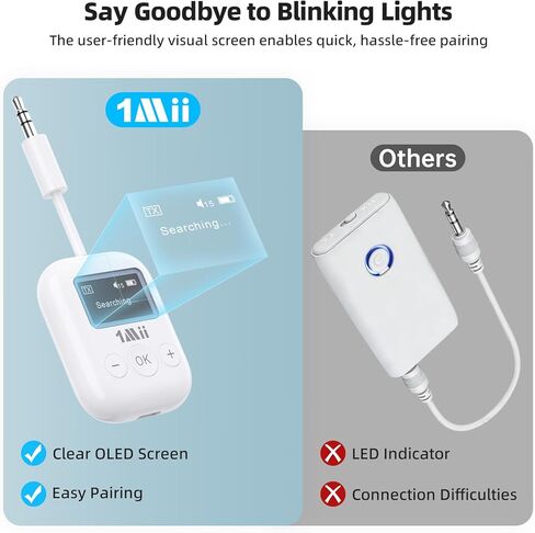 جهاز إرسال 1Mii Bluetooth 5.3 مع شاشة للتلفزيون إلى 2 سماعات رأس، صوت aptX AD/LL/HD Hi-Fi، وقت تشغيل 25 ساعة، محول بلوتوث AUX 3.5 مم للتلفزيون، الكمبيوتر الشخصي، مشغل الأقراص المضغوطة، MP3، صالة الألعاب الرياضية، جهاز العرض - جهاز الإرسال فقط in Kuwait
