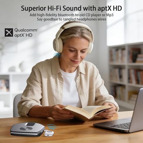 جهاز إرسال 1Mii Bluetooth 5.3 مع شاشة للتلفزيون إلى 2 سماعات رأس، صوت aptX AD/LL/HD Hi-Fi، وقت تشغيل 25 ساعة، محول بلوتوث AUX 3.5 مم للتلفزيون، الكمبيوتر الشخصي، مشغل الأقراص المضغوطة، MP3، صالة الألعاب الرياضية، جهاز العرض - جهاز الإرسال فقط in Kuwait
