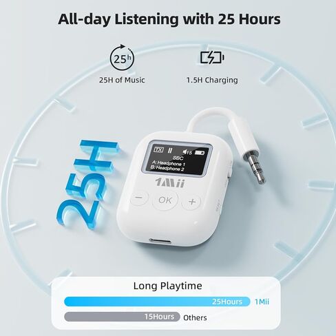 جهاز إرسال 1Mii Bluetooth 5.3 مع شاشة للتلفزيون إلى 2 سماعات رأس، صوت aptX AD/LL/HD Hi-Fi، وقت تشغيل 25 ساعة، محول بلوتوث AUX 3.5 مم للتلفزيون، الكمبيوتر الشخصي، مشغل الأقراص المضغوطة، MP3، صالة الألعاب الرياضية، جهاز العرض - جهاز الإرسال فقط in Kuwait