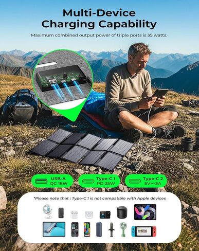 BigBlue Portable 35W Solar Panel Charger with Fast Charging USB-A and PD 25W USB-C for Camping Backpacking, 1.54 lbs, IP68 Waterproof, Folding Solar Phone Charger for iPhone/Android, iPad, Power Bank in Saudi Arabia
