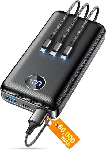 شاحن محمول باور بانك، حزمة بطارية 60000 مللي أمبير في الساعة مع كابل 3 في 1 USB-C/iOS/Micro-USB، شاحن هاتف محمول سريع الشحن بقدرة 22.5 وات، باور بانك أساسي للتخييم أثناء السفر لهاتف iPhone 17/16 Samsung، خشب الأبنوس in Saudi Arabia