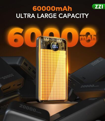 شاحن محمول باور بانك، حزمة بطارية 60000 مللي أمبير في الساعة مع كابل 3 في 1 USB-C/iOS/Micro-USB، شاحن هاتف محمول سريع الشحن بقدرة 22.5 وات، باور بانك أساسي للتخييم أثناء السفر لهاتف iPhone 17/16 Samsung، خشب الأبنوس in Saudi Arabia
