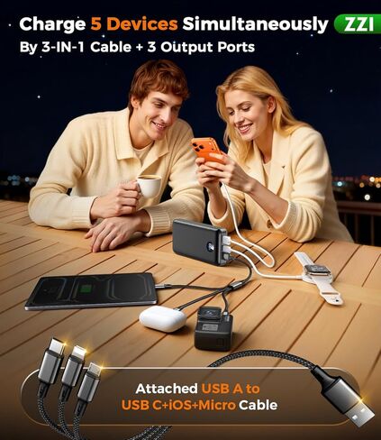 شاحن محمول باور بانك، حزمة بطارية 60000 مللي أمبير في الساعة مع كابل 3 في 1 USB-C/iOS/Micro-USB، شاحن هاتف محمول سريع الشحن بقدرة 22.5 وات، باور بانك أساسي للتخييم أثناء السفر لهاتف iPhone 17/16 Samsung، خشب الأبنوس in Saudi Arabia