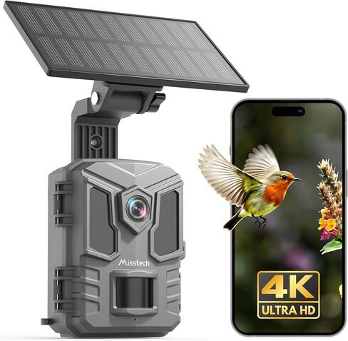 كاميرا Misstech 4K UHD الشمسية، كاميرات الحياة البرية الخارجية لمراقبة الفناء، 0.1 ثانية تنشيط الحركة السريعة للتسجيل، رؤية ليلية واضحة 64 ميجابكسل/4 كيه، بدون رسوم شهرية، التحكم في التطبيق، IP66، التخزين المحلي in Kuwait