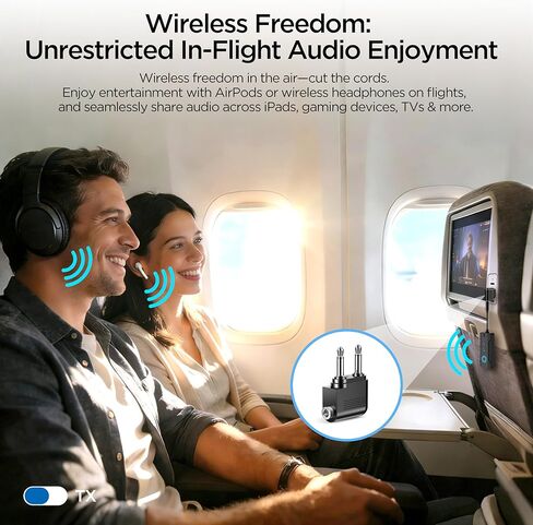 جهاز استقبال إرسال بلوتوث 6.0 2026، محول سفر بالطائرة 2 في 1 لسماعتي AirPods/سماعات الرأس، مدخل AUX 3.5 ملم للطيران/التلفزيون/السيارة، متوافق مع Apple AirPods 1/2/3/4 & Pro 1/2/3 in Kuwait