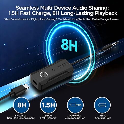 جهاز استقبال إرسال بلوتوث 6.0 2026، محول سفر بالطائرة 2 في 1 لسماعتي AirPods/سماعات الرأس، مدخل AUX 3.5 ملم للطيران/التلفزيون/السيارة، متوافق مع Apple AirPods 1/2/3/4 & Pro 1/2/3 in Kuwait