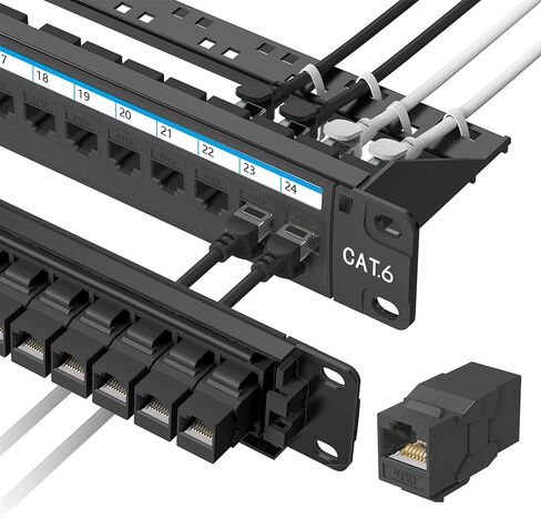 Jadaol [UL Listed] 24 Port Patch Panel Rackmount or Wall Mount 19-Inch, 1U Cat 6 Network Panel Preloaded with 24 Keystone Couplers Plus 1 Spare, 10Gbps Ethernet Panel with Cable Management & Back Bar in Saudi Arabia