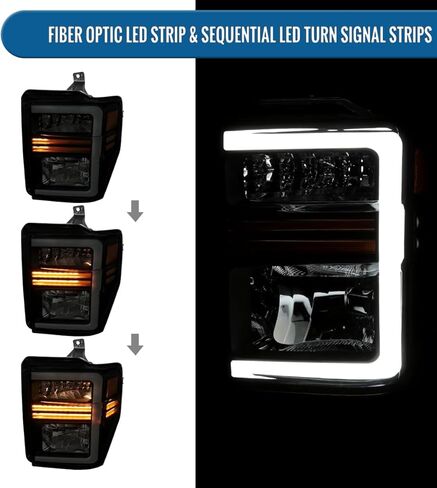 Ronnin - يناسب 2008-2010 Ford F250 F350 F450 F550 Super Duty Pickup الهالوجين المصابيح الأمامية LED زوج تجميع أنابيب إشارة الانعطاف المتسلسلة | أسود in Kuwait