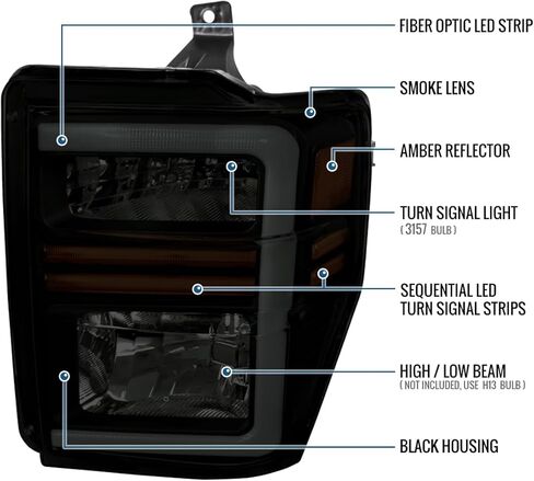 Ronnin - يناسب 2008-2010 Ford F250 F350 F450 F550 Super Duty Pickup الهالوجين المصابيح الأمامية LED زوج تجميع أنابيب إشارة الانعطاف المتسلسلة | أسود in Kuwait
