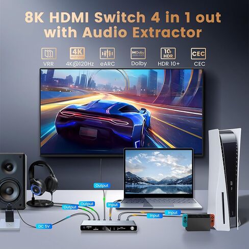 NEWCARE eARC 8K HDMI 2.1 محول 4 في 1 مع مستخرج الصوت، محول HDMI 4K@120 هرتز يدعم HDR VRR ALLM، SPDIF بصري وإخراج صوت AUX 3.5 مم مثالي لشاشات 8K، CEC، جهاز التحكم عن بعد in Kuwait