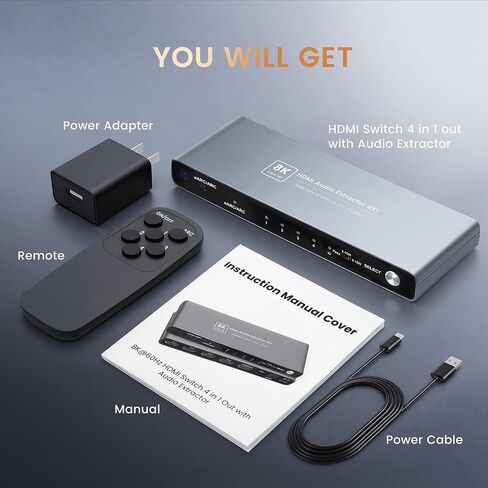 NEWCARE eARC 8K HDMI 2.1 محول 4 في 1 مع مستخرج الصوت، محول HDMI 4K@120 هرتز يدعم HDR VRR ALLM، SPDIF بصري وإخراج صوت AUX 3.5 مم مثالي لشاشات 8K، CEC، جهاز التحكم عن بعد in Kuwait