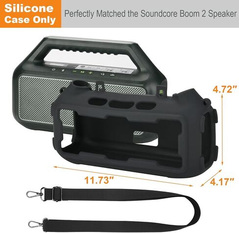 غطاء سيليكون متوافق مع مكبر الصوت Soundcore Boom 2 الخارجي، غطاء حماية من السيليكون للسفر، غطاء حماية مقاوم للصدمات، جلد ناعم مع حزام كتف (أسود) in Kuwait