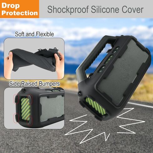 غطاء سيليكون متوافق مع مكبر الصوت Soundcore Boom 2 الخارجي، غطاء حماية من السيليكون للسفر، غطاء حماية مقاوم للصدمات، جلد ناعم مع حزام كتف (أسود) in Kuwait