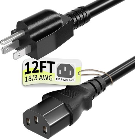 كابل سلك طاقة تيار متردد 3 شقوق 5 أقدام 10 أمبير 125 فولت 18AWG، NEMA 5-15P إلى C13، كابل طاقة الكمبيوتر الأسود للتلفزيون والكمبيوتر والشاشة والطابعة وبلاي ستيشن وHP وDell وLenovo وApple وAsus-ETL مدرج in Kuwait
