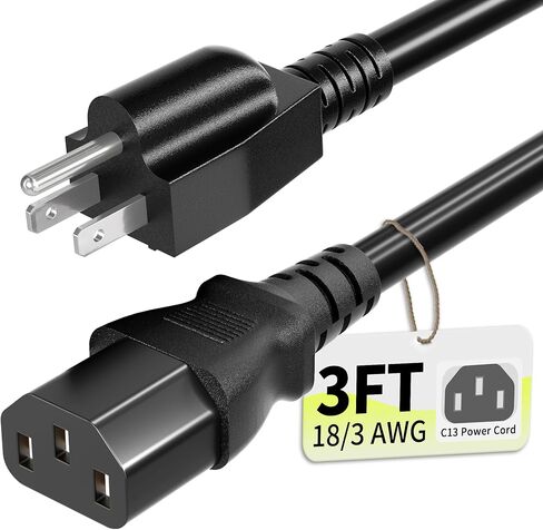 3 Prong AC Power Cord Cable 5ft 10 Amps 125 Volts 18AWG, NEMA 5-15P to C13, Black PC Power Cable for TV, Computer, Monitor, Printer, PlayStation, HP, Dell, Lenovo, Apple, Asus-ETL Listed in Saudi Arabia